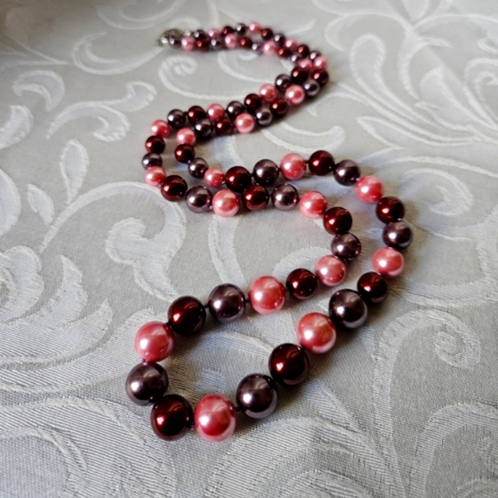Purple and Pink Graduated Glass Pearl Bead Necklace Sterling Silver Clasp